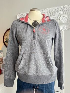 Y2K Abercrombie & Fitch Gray quarter zip sweatshirt with red plaid hood